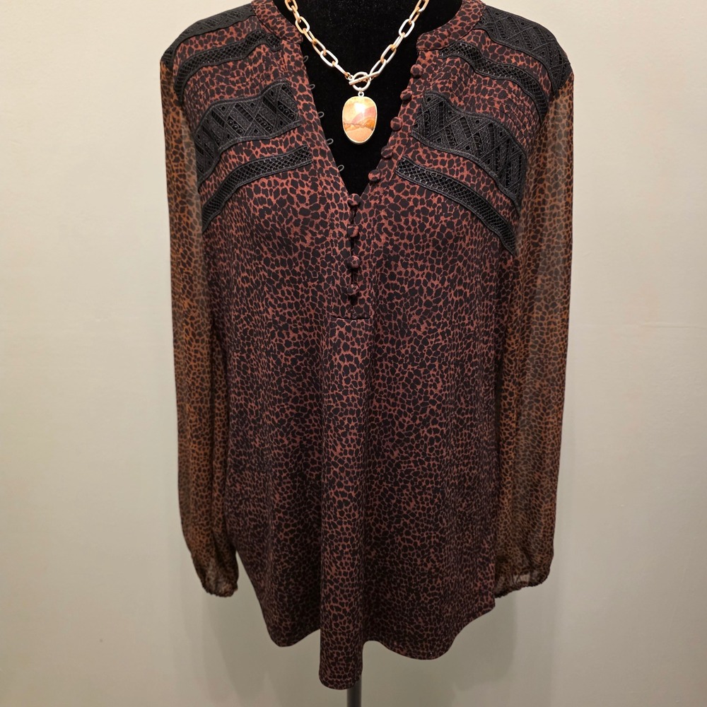 White House Black Market Leopard Print Lace Trim Blouse Brown Medium